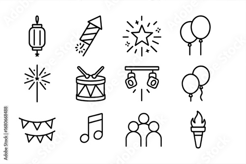 Festival Icon Set. Outline icon set of festival fireworks: firecracker, rocket, exploding star, lantern,