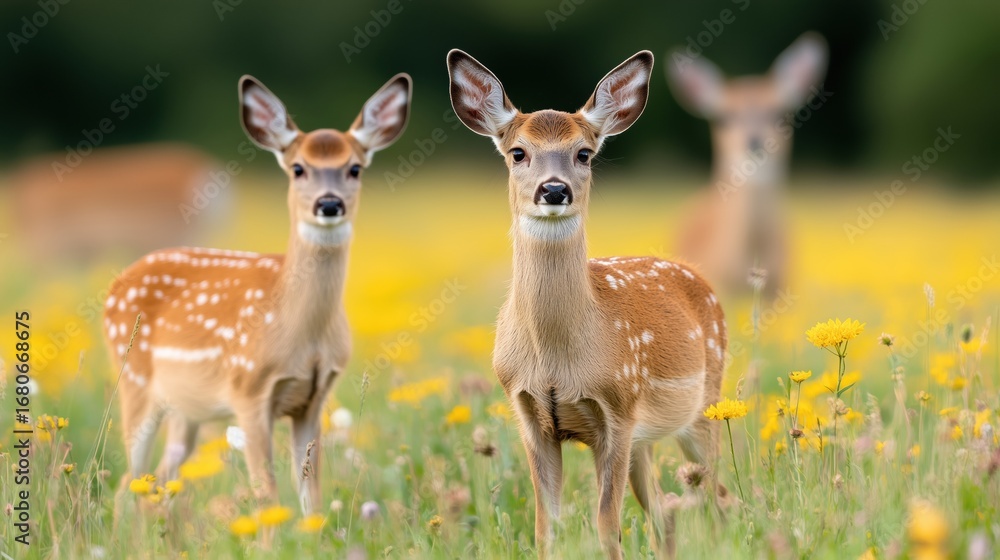 Fototapeta premium Roe deer, capreolus capreouls, couple int rutting season staring on a field with yellow wildflowers. Two wild animals standing close together. Love concept.