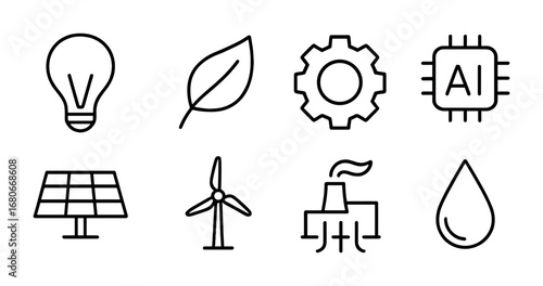 Eco Energy Icons. Outline icon set of eco innovation in energy: light bulb, leaf, gear, AI chip, solar panel,