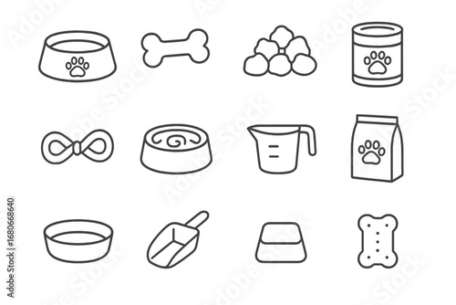 Dog Feeding Icons. Outline icon set of dog feeding: dog bowl, bone treat, kibble, canned food, chew toy, slow