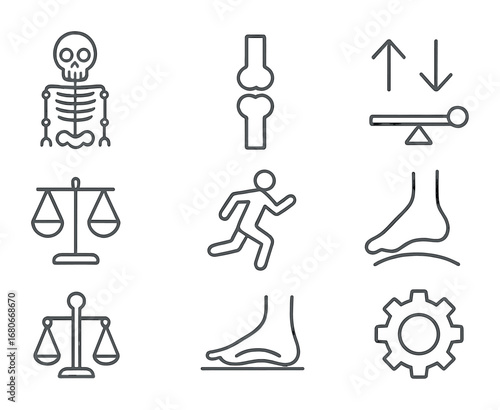 Biomechanics Icon Set. Outline icon set of biomechanics: skeleton, joint hinge, movement arrows, lever icon,