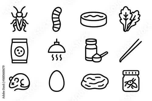 Reptile Feeding Essentials. Outline icon set of reptile feeding: cricket, mealworm, water dish, leafy greens,