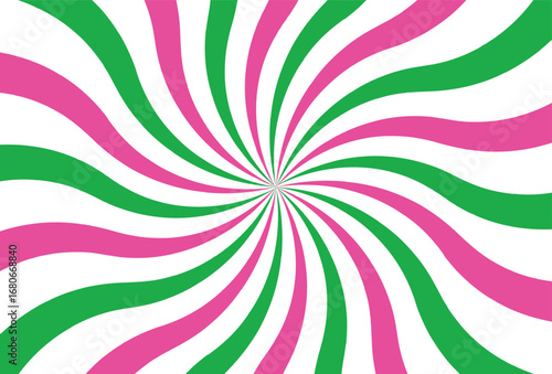 Abstract psychedelic spiral pattern with pink and green wavy stripes on a white background