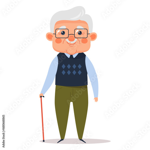 Vector illustration of an elderly man with a cane. Smiling senior male character in glasses, standing and looking happy. Concept of old age, pensioner, grandfather and retirement lifestyle