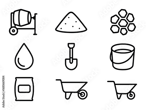 Cement Mixing Icons. Outline icon set of cement mixing process: cement mixer, sand pile, gravel, water droplet