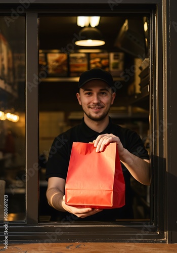 Fast food employee serving customer order