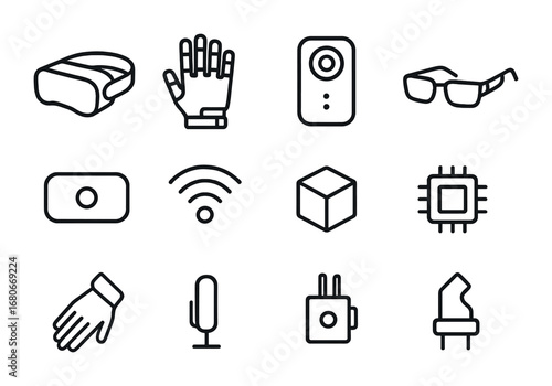 Futuristic VR Icon Set. Outline icon set of futuristic VR devices: sleek headset, haptic gloves, 360 camera,