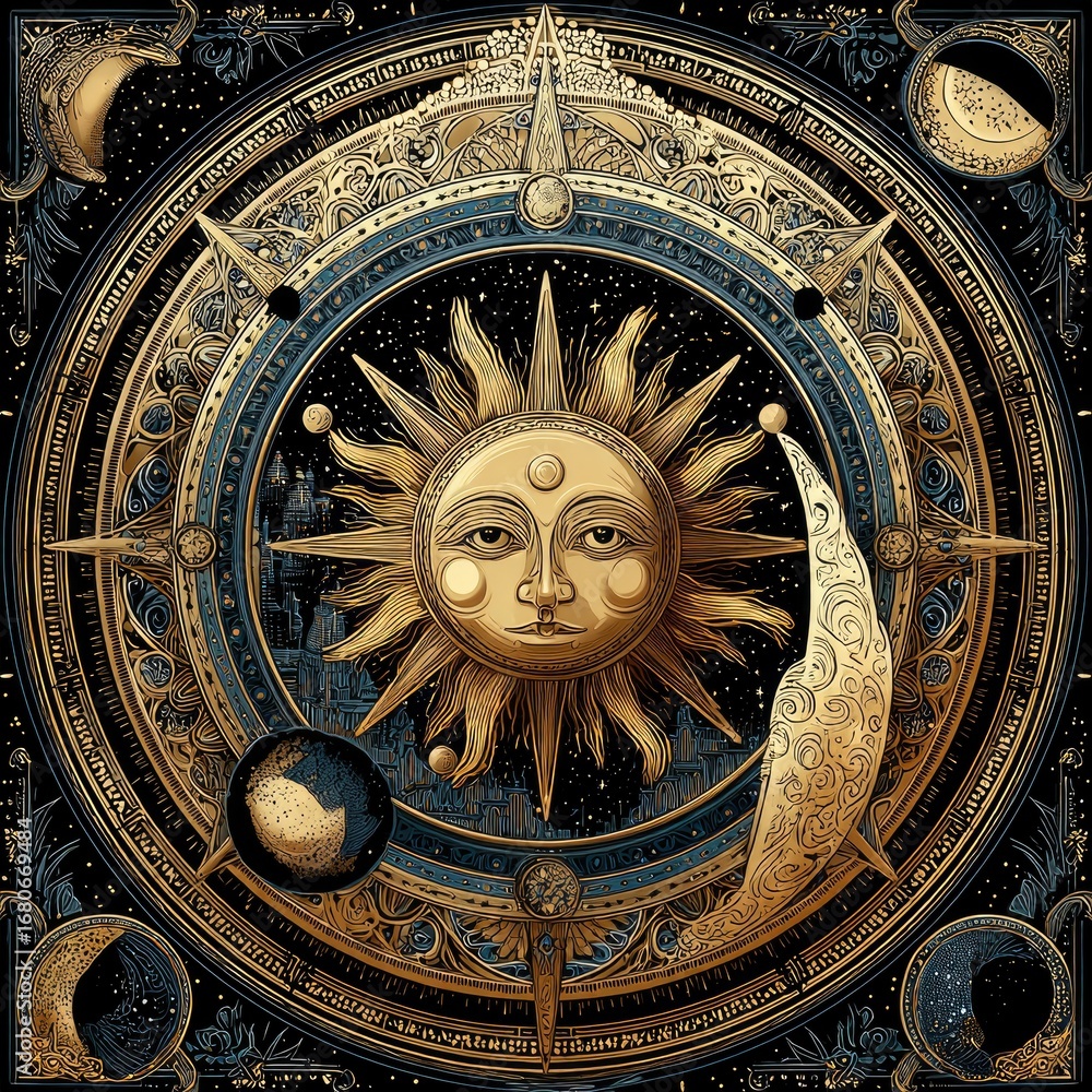 Fototapeta premium Ornate celestial mandala with sun and moon