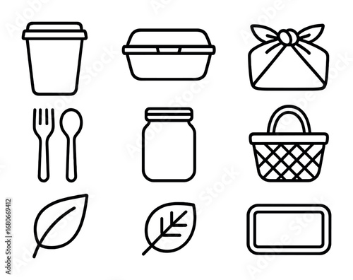 Sustainable Packaging Icons. Outline icon set of food packaging sustainability: paper cup, lunchbox, cloth