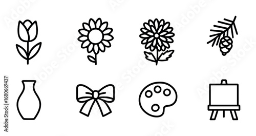 Seasonal Flower Icons. Outline icon set of seasonal flower painting: spring tulip, summer sunflower, autumn