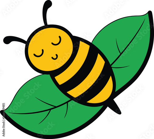 cute sleeping bee illustration on leaf