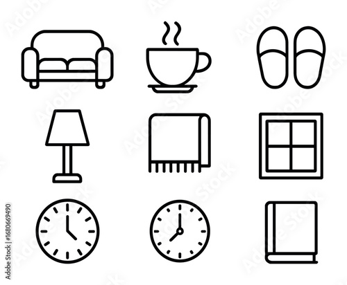 Evening Relaxation Icons. Outline icon set of evening relaxation: sofa, tea cup, slippers, lamp, blanket,