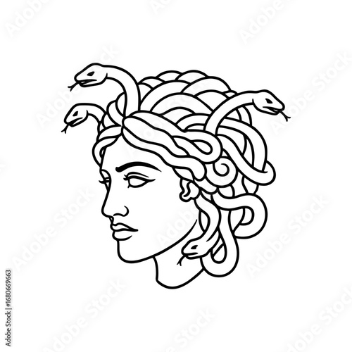 Medusa Head Vector Line Art Illustration with Snakes from Greek Mythology