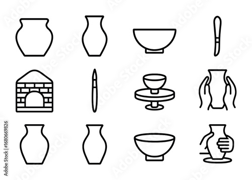 Pottery Icons Grid. Outline icon set of pottery and ceramics: clay pot, vase, bowl, sculpting knife, kiln,