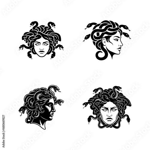 Medusa Heads Vector Illustrations Collection with Snakes for Hair