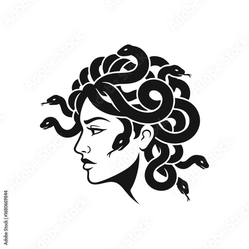 Medusa Head Profile Vector. Stylized black and white illustration of mythical Greek Gorgon woman with snakes for hair.