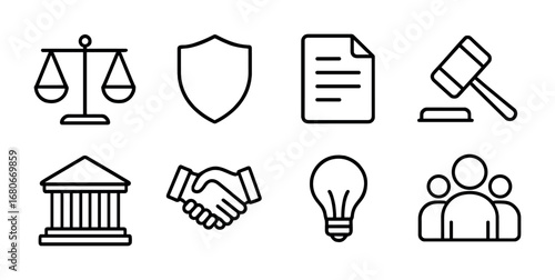 Law Icon Set. Outline icon set of law and fairness: scales, shield, document, gavel, courthouse, handshake,