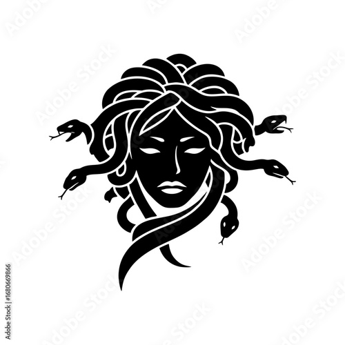 Medusa Gorgon Head with Snakes for Hair Black Silhouette Icon Logo Vector Illustration