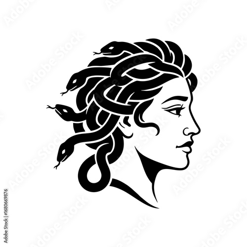Medusa Head Profile with Snakes Hair Black and White Vector Illustration
