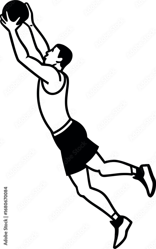 Fototapeta premium Dynamic Basketball Player Leaping High to Catch the Ball During an Intense Game Competition