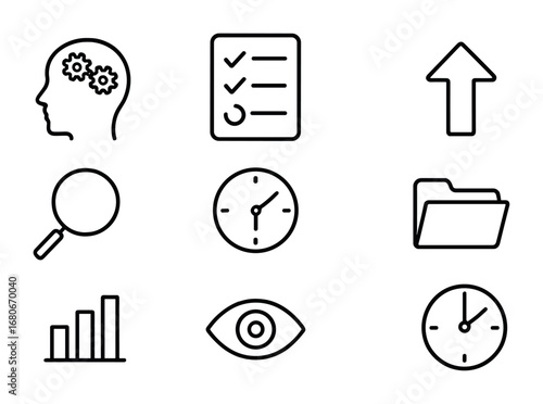 Executive Function Icons. Outline icon set of executive function: brain with gears, checklist, upward arrow,