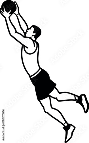 Dynamic Basketball Player Leaping High to Catch the Ball During an Intense Game Competition