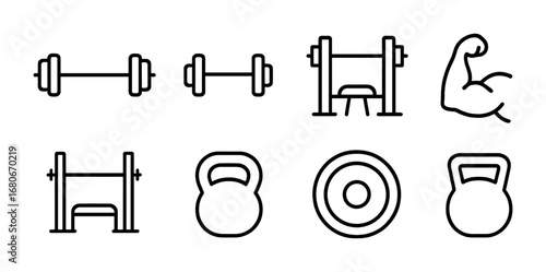 Strength Training Icons. Outline icon set of strength training: barbell, dumbbell, bench press, muscle arm,