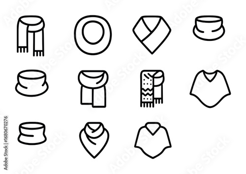 Icon Set_ Scarves & Wraps. Outline icon set of scarves and wraps: long scarf, infinity scarf, shawl, neck