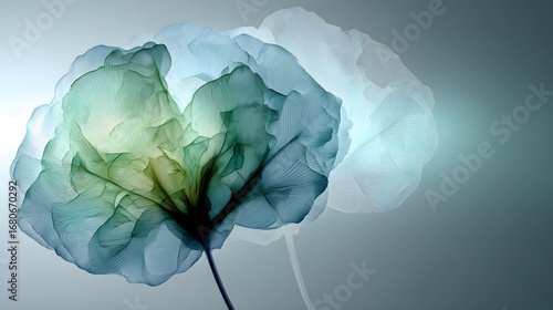 Delicate, translucent flowers in soft teal and muted tones display an ethereal beauty against a subtle gray background.