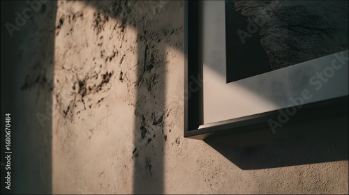 A close-up view of a textured wall with a framed picture, showcasing subtle shadows and muted tones.