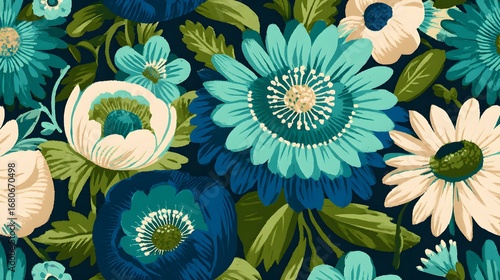 A vibrant floral pattern featuring various blossoms in shades of teal, blue, and cream, set against a rich navy background.