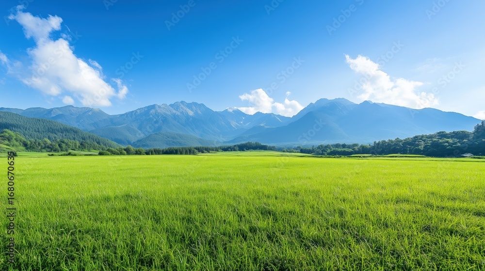 Fototapeta premium Scenic landscape with grassland forest mountains and sky