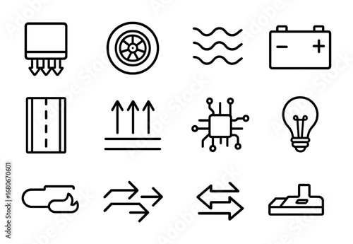 Piezoelectric Road Icons. Outline icon set of piezoelectric road technology: piezo sensor, car wheel,