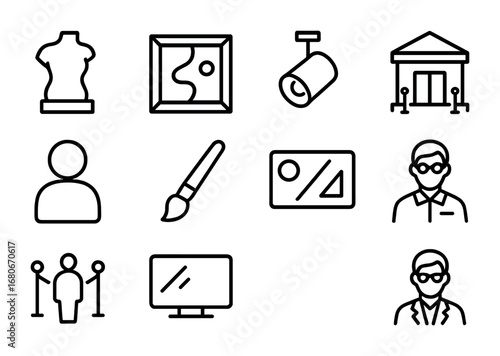 Modern Art Icon Set. Outline icon set of modern art exhibitions: sculpture icon, abstract frame, spotlight,