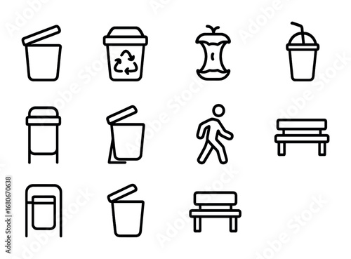 Festival Bin Icon Set. Outline icon set of festival and park bins: open lid, recycle arrows, food icon,