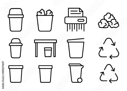 Office Waste Bin Icons. Outline icon set of office waste bins: swing lid, paper waste, shredder icon, trash