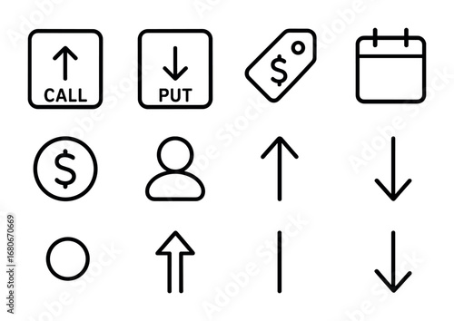Options Trading Icons. Outline icon set of options trading: call option, put option, strike price tag,