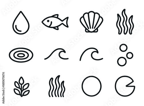 Water Icon Grid. Outline icon set of water-inspired aesthetics: droplet, fish, shell, seaweed, ripple, wave,