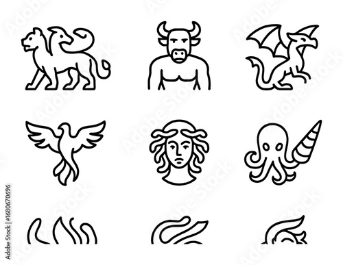 Mythical Beasts Icons. Outline icon set of legendary beasts: chimera, basilisk, minotaur, wyvern, phoenix,