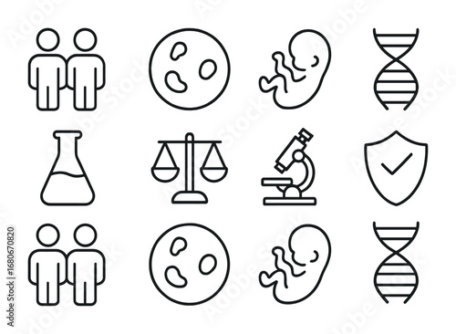 Cloning Ethics Icons. Outline icon set of cloning ethics: identical human silhouettes, petri dish, embryo, DNA