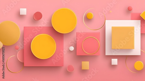 Geometric shapes in vibrant colors arranged on a pastel pink background create a playful, modern design.
