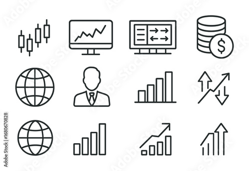 Global Trading Icons. Outline icon set of global stock exchanges: candlestick chart, trading screen, ticker