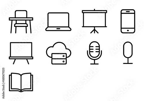 Blended Learning Icons. Outline icon set of blended learning: classroom desk, laptop, projector screen, mobile