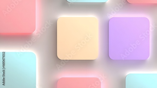 A vibrant arrangement of soft pastel-colored squares, lit with a soft, glowing light, creates a dynamic and soothing visual.