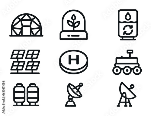 Mars Colony Icons. Outline icon set of Mars colony infrastructure: dome habitat, greenhouse, water recycler,