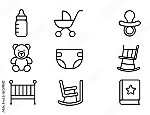 Childcare Icons Set. Outline icon set of childcare assistance: baby bottle, stroller, pacifier, teddy bear,