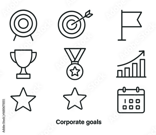 Corporate Goals Icons. Outline icon set of corporate goals: target board, arrow hitting target, flag, trophy,