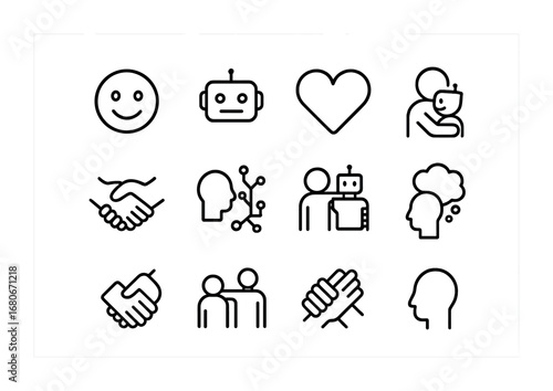 Robot Emotion Icons. Outline icon set of emotional bonds with robots: smiley face, robot face, heart, hugging