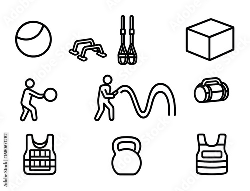 Functional Training Icons. Outline icon set of functional training: medicine ball, push-up stand, TRX straps,