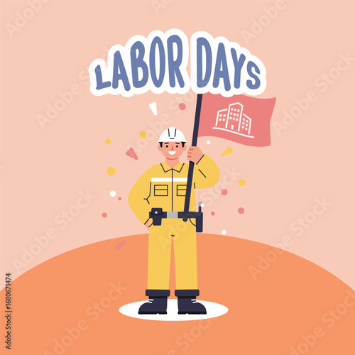 Labor Day Celebration with a Construction Worker Holding a Flag.
